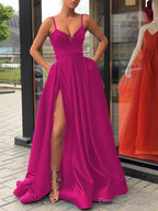 A Line Straps Sweep Train Satin Prom Dresses With Leg Slit