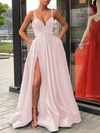 A Line Straps Sweep Train Satin Prom Dresses With Leg Slit