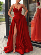 A Line Straps Sweep Train Satin Prom Dresses With Leg Slit