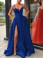 A Line Straps Sweep Train Satin Prom Dresses With Leg Slit