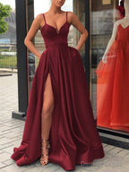 A Line Straps Sweep Train Satin Prom Dresses With Leg Slit