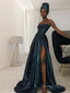 A Line Straps Sweep Train Silk like Satin Prom Dresses With Leg Slit