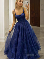 A Line Straps Sweep Train Tulle Prom Dresses With Ruffles