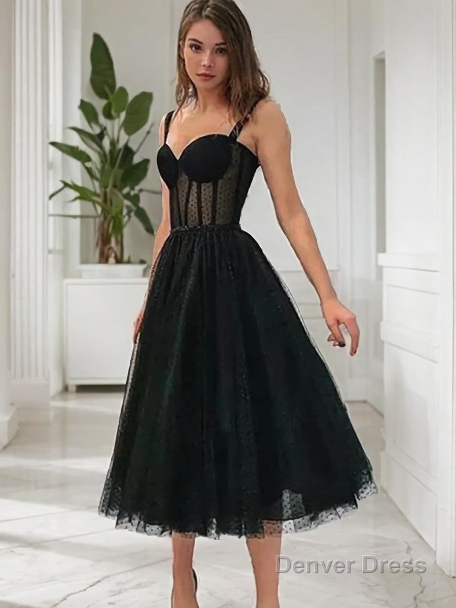 A Line Straps Tea Length Lace Homecoming Dresses With Ruffles