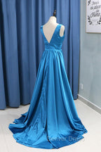 A Line Sweep Train Sleeveless Satin V Neck Bridesmaid Dresses