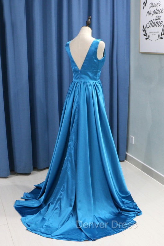 A Line Sweep Train Sleeveless Satin V Neck Bridesmaid Dresses