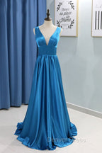 A Line Sweep Train Sleeveless Satin V Neck Bridesmaid Dresses