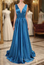 A Line Sweep Train Sleeveless Satin V Neck Bridesmaid Dresses