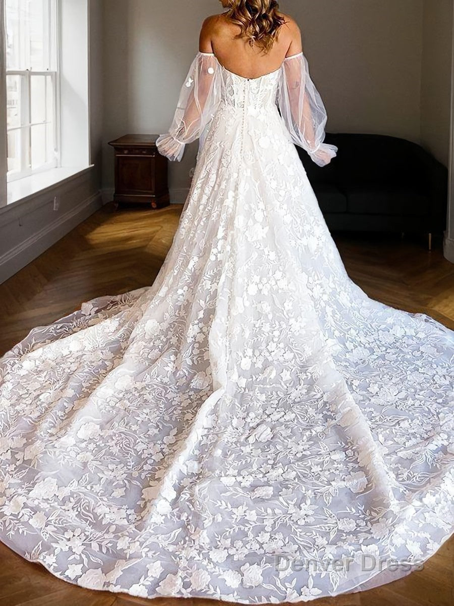 A Line Sweetheart Cathedral Train Lace Wedding Dresses With Appliques Lace
