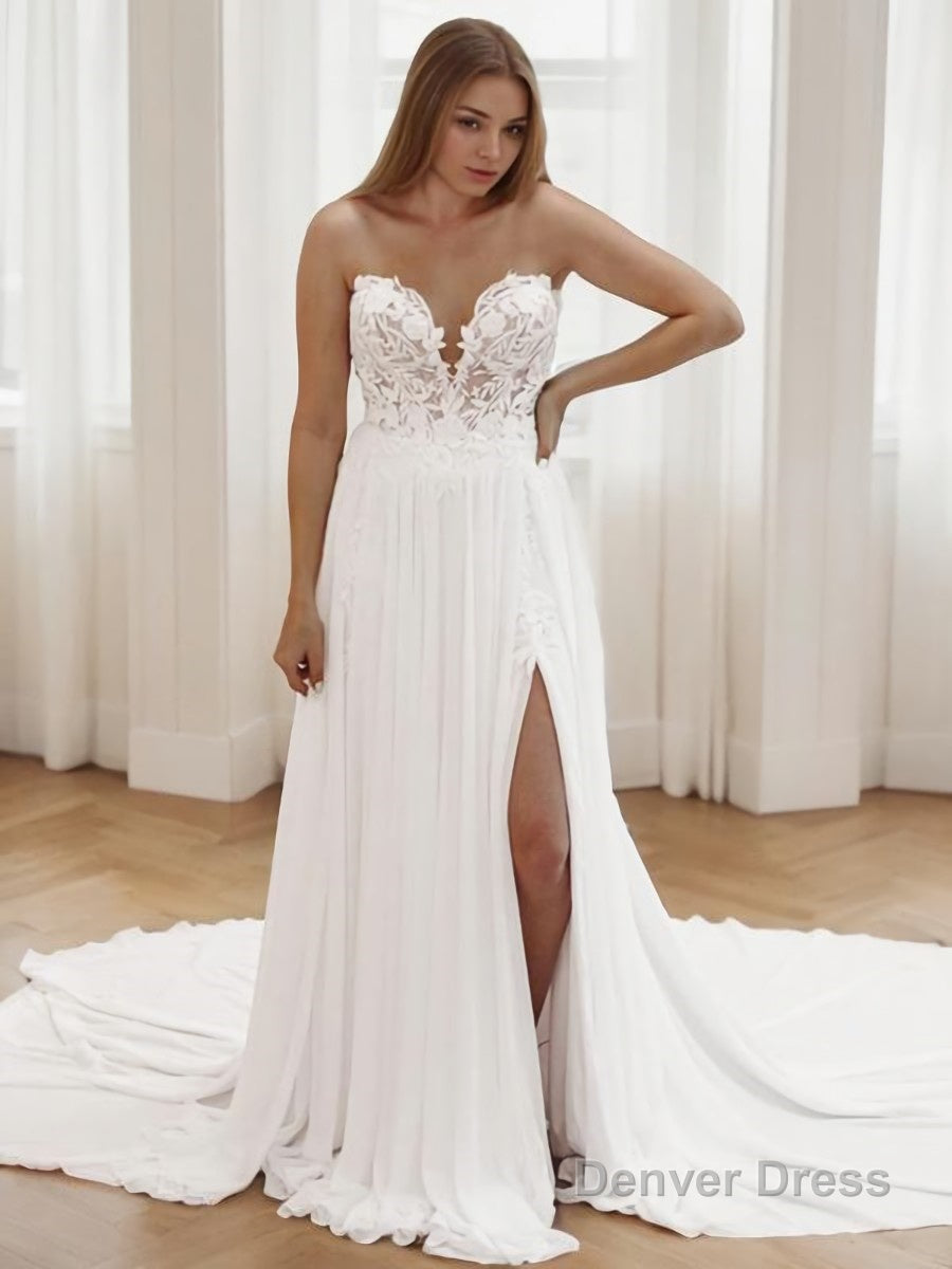 A Line Sweetheart Chapel Train Chiffon Wedding Dresses With Leg Slit Main image