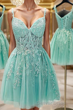A-Line/Princess Sweetheart Corset Short/Mini Tulle Homecoming Dresses With Appliques Lace