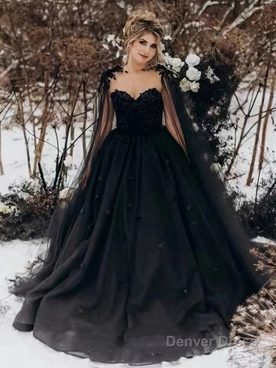 A Line Sweetheart Court Train Tulle Wedding Dresses with Appliques Lace Main image