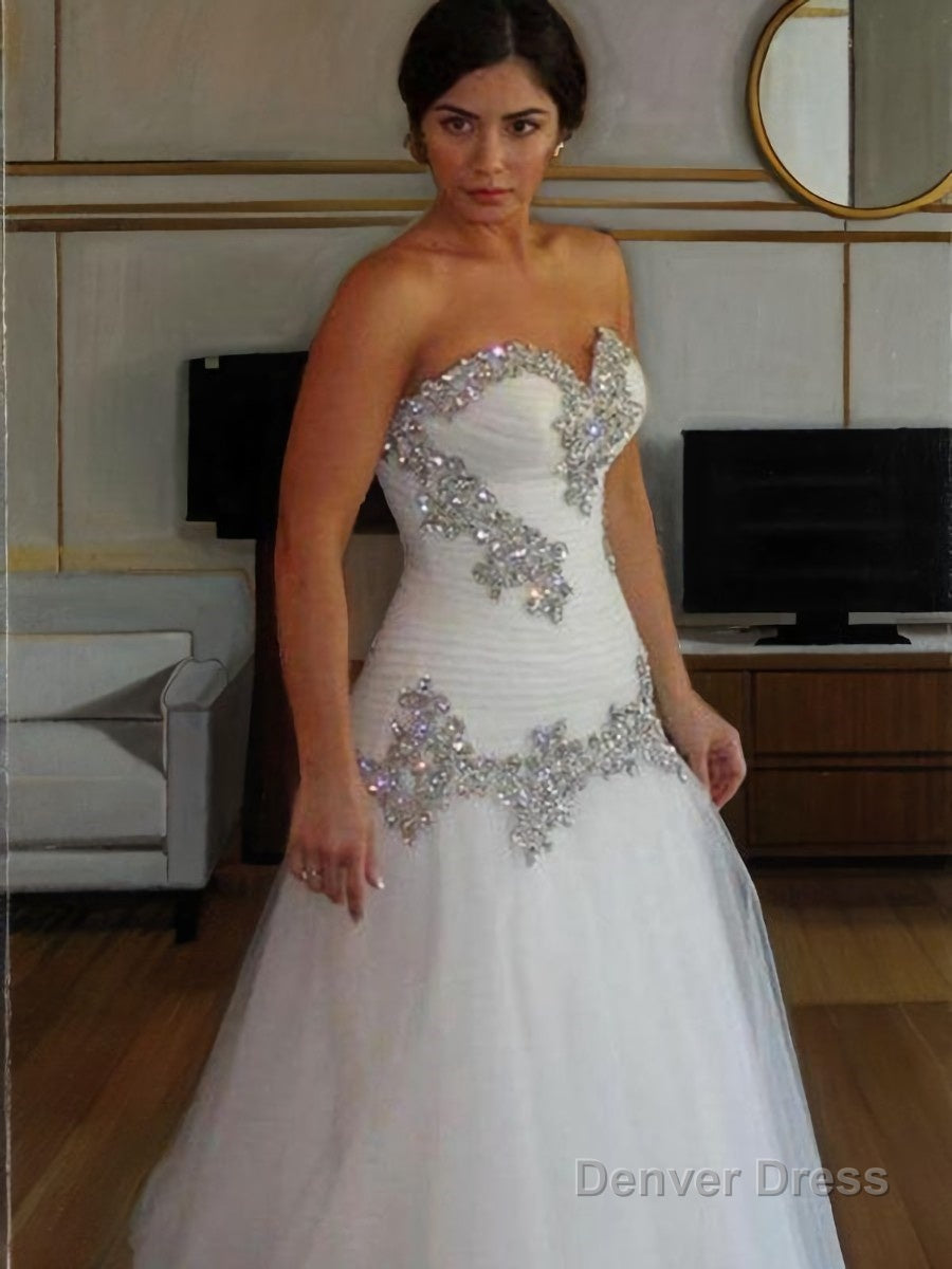A Line Sweetheart Floor Length Tulle Wedding Dresses With Rhinestone Main image