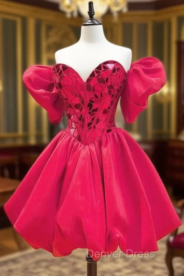 A-line Princess Sweetheart Short Sleeve Short/Mini Satin Homecoming Dresses with Sequins Bubble S10237003H Main image