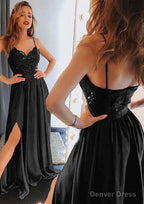 A Line Sweetheart Sleeveless Long Floor Length Charmeuse Prom Dresses With Split Lace