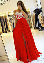 A Line Sweetheart Sleeveless Long Floor Length Chiffon Prom Dresses With Split Appliqued