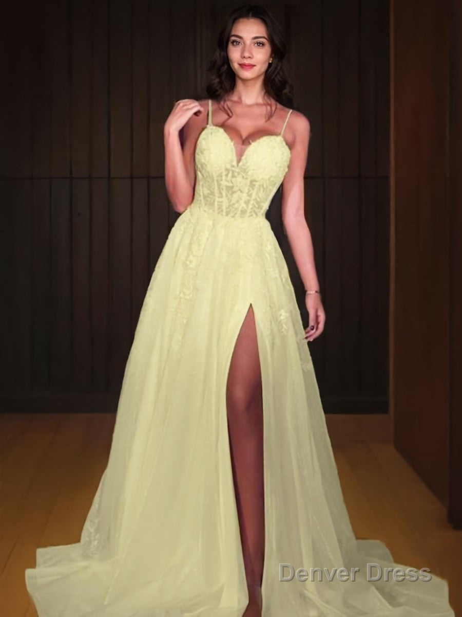 A Line Sweetheart Sweep Train Lace Prom Dresses With Leg Slit Main image