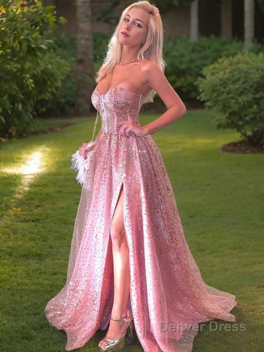 A Line Sweetheart Sweep Train Prom Dresses With Leg Slit Main image