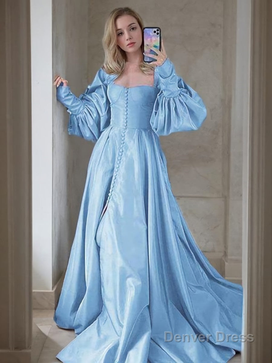 A Line Sweetheart Sweep Train Satin Prom Dresses With Ruffles