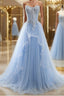 A Line Sweetheart Sweep Train Tulle Prom Dresses With Appliques Lace