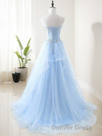 A Line Sweetheart Sweep Train Tulle Prom Dresses With Appliques Lace