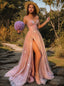 A Line Sweetheart Sweep Train Tulle Prom Dresses With Leg Slit