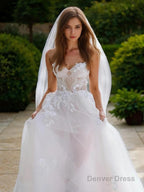 A Line Sweetheart Sweep Train Tulle Wedding Dresses With Appliques Lace