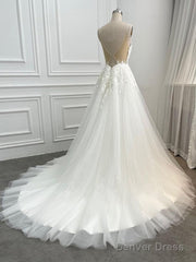 A-Line/Princess Tulle Applique V-Neck Sleeveless Chapel Train Wedding Dresses