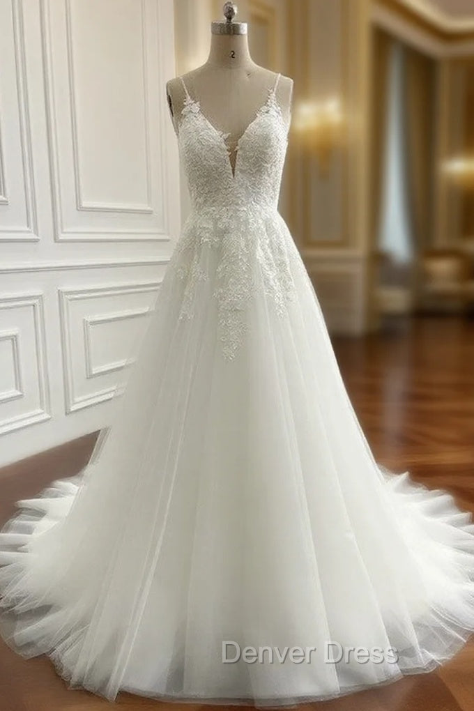 A Line Tulle Applique V Neck Sleeveless Chapel Train Wedding Dresses