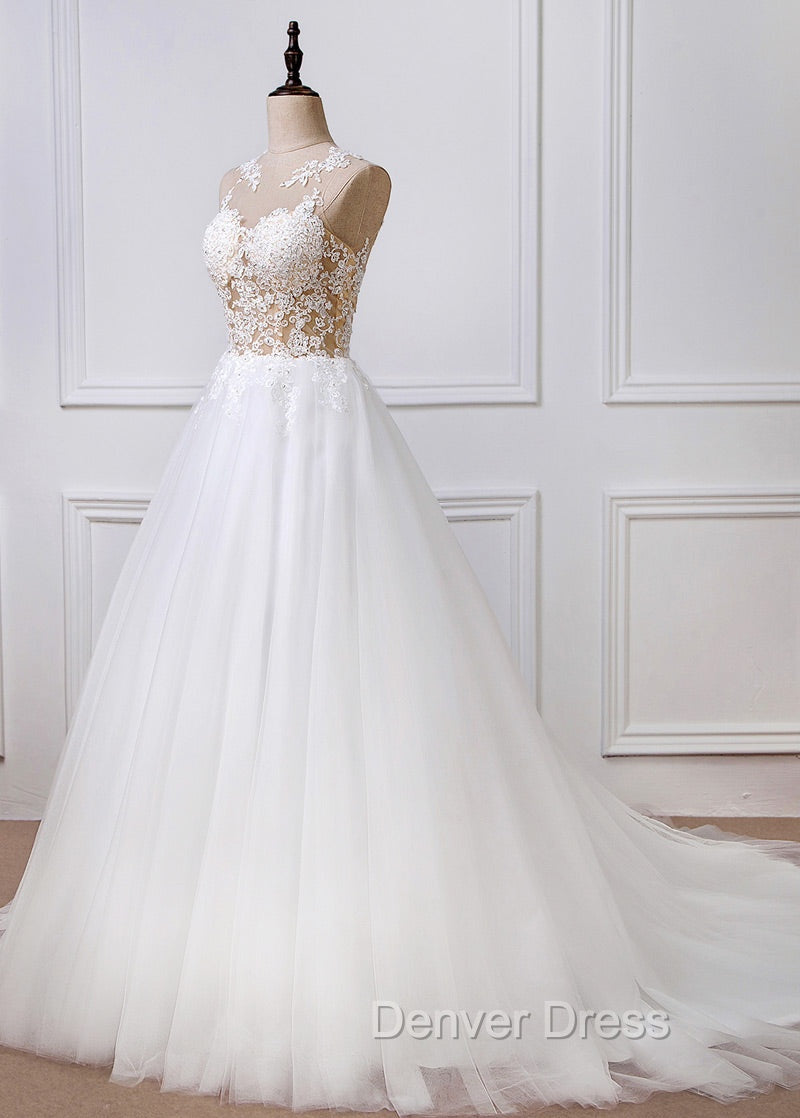 A Line Tulle Appliques Lace Wedding Dresses