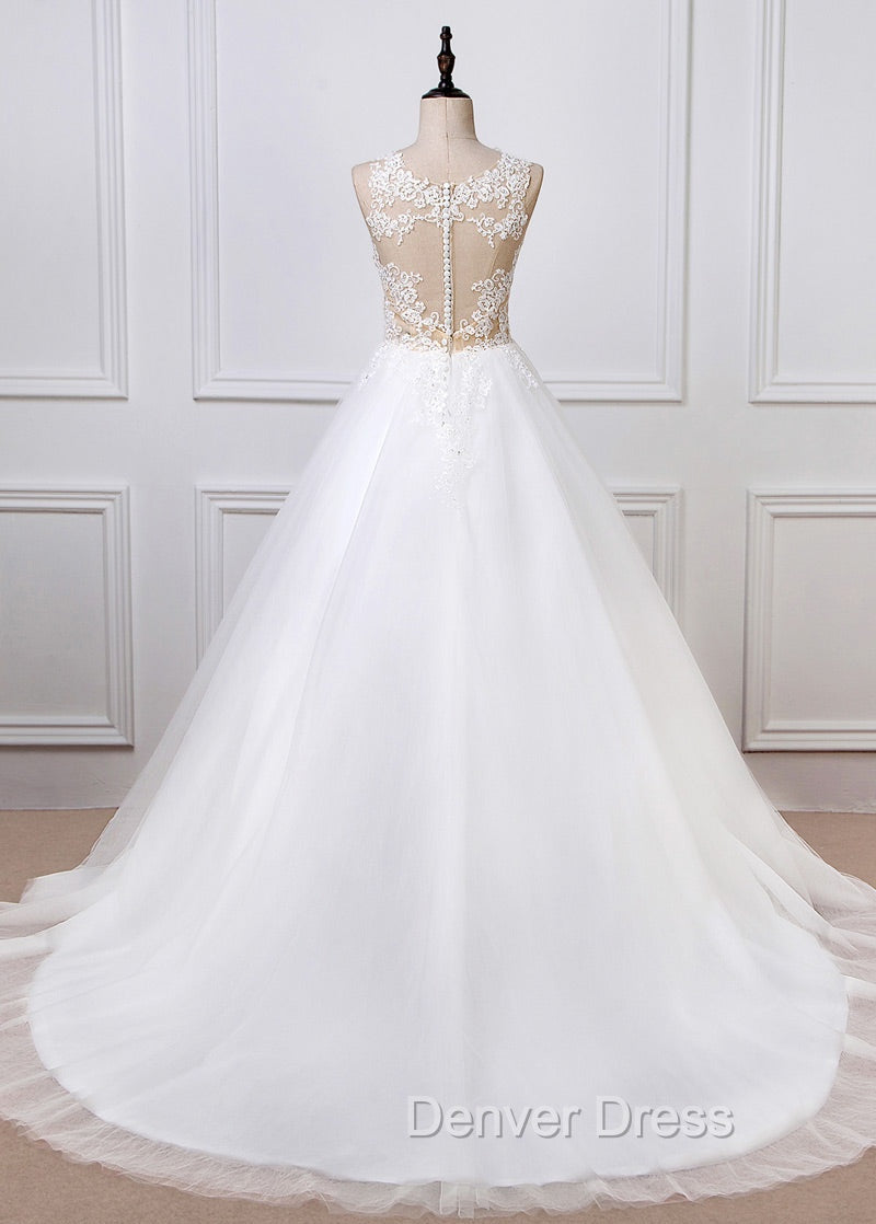 A Line Tulle Appliques Lace Wedding Dresses