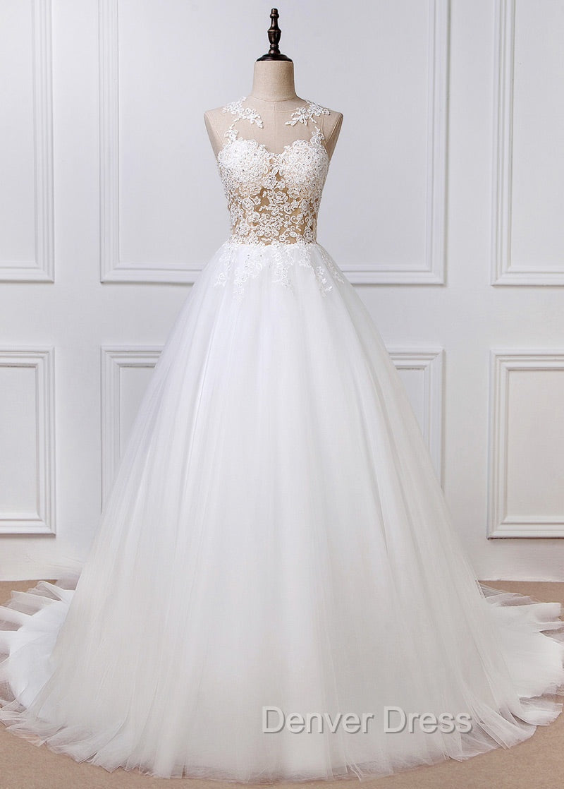 A Line Tulle Appliques Lace Wedding Dresses