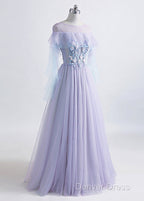 A-Line/Princess Tulle Jewel Floor-Length Prom Dresses With Beaded Lace Appliques