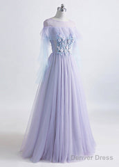 A-Line/Princess Tulle Jewel Floor-Length Prom Dress With Beaded Lace Appliques