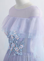 A-Line/Princess Tulle Jewel Floor-Length Prom Dresses With Beaded Lace Appliques