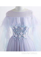 A-Line/Princess Tulle Jewel Floor-Length Prom Dresses With Beaded Lace Appliques