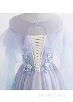 A-Line/Princess Tulle Jewel Floor-Length Prom Dresses With Beaded Lace Appliques