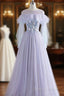 A-Line/Princess Tulle Jewel Floor-Length Prom Dresses With Beaded Lace Appliques