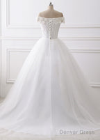 A-Line/Princess Tulle Off-The-Shoulder Appliques Lace Wedding Dresses