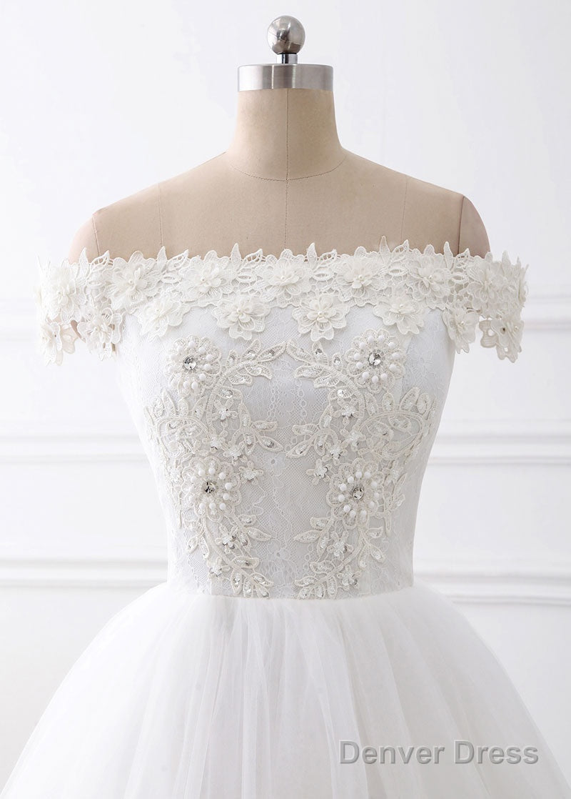 A-Line/Princess Tulle Off-The-Shoulder Appliques Lace Wedding Dresses