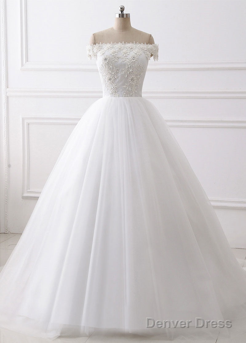 A-Line/Princess Tulle Off-The-Shoulder Appliques Lace Wedding Dresses