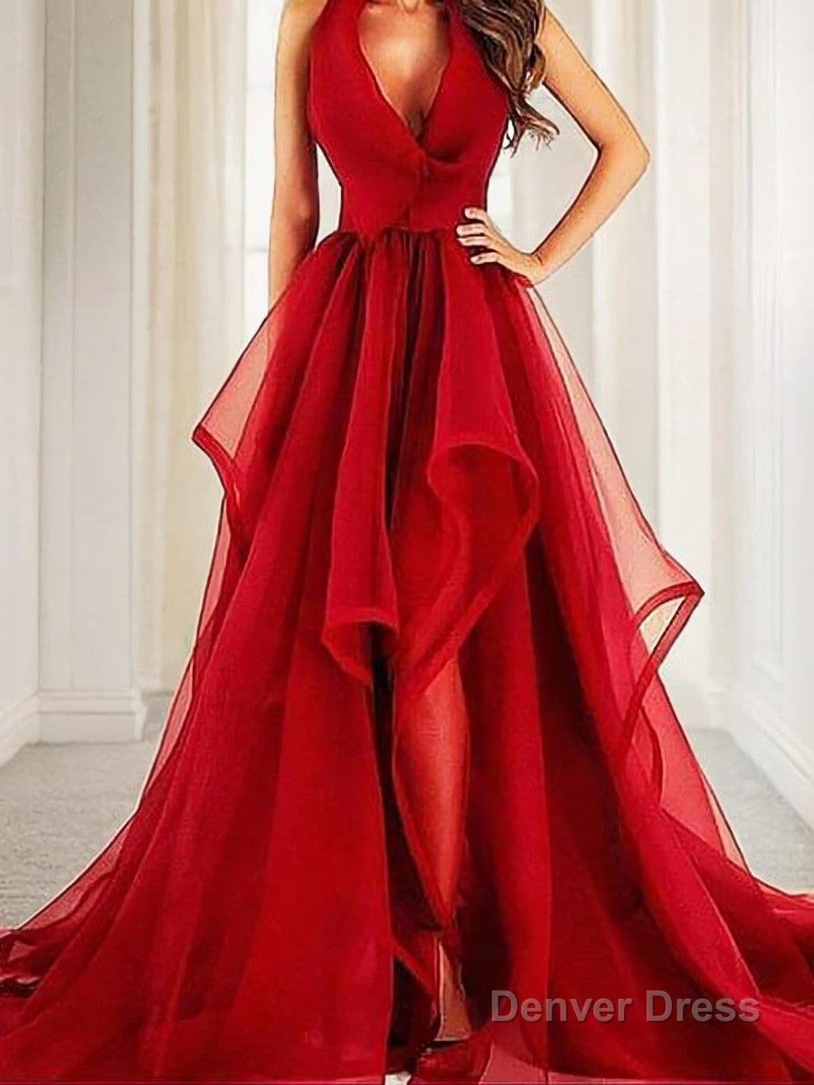 A Line V Neck Court Train Organza Prom Dresses With Ruffles