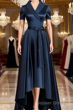 A Line V Neck Asymmetrical Satin Mother of the Bride Dresses With Belt Sash