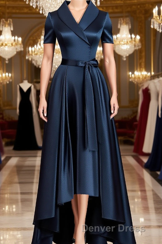 A Line V Neck Asymmetrical Satin Mother of the Bride Dresses With Belt Sash