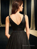 A Line V Neck Asymmetrical Tulle Prom Dresses With Beading