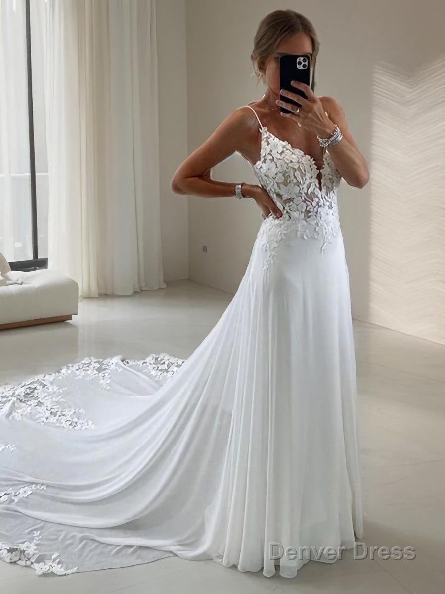 A-Line/Princess V-neck Chapel Train Chiffon Wedding Dresses With Appliques Lace Main image