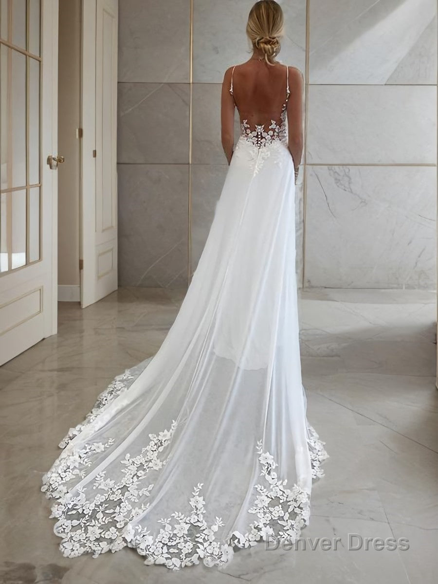 A Line V Neck Chapel Train Chiffon Wedding Dresses With Appliques Lace Secondary image