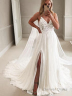 A Line V Neck Chapel Train Chiffon Wedding Dresses With Leg Slit