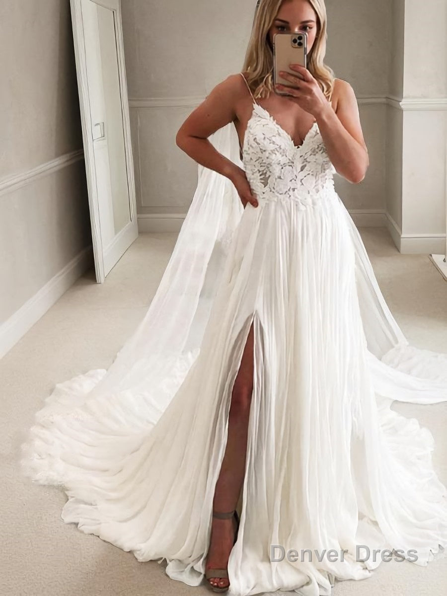 A Line V Neck Chapel Train Chiffon Wedding Dresses With Leg Slit