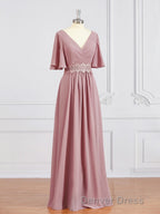 A Line V Neck Chiffon Floor Length Mother of the Bride Dresses
